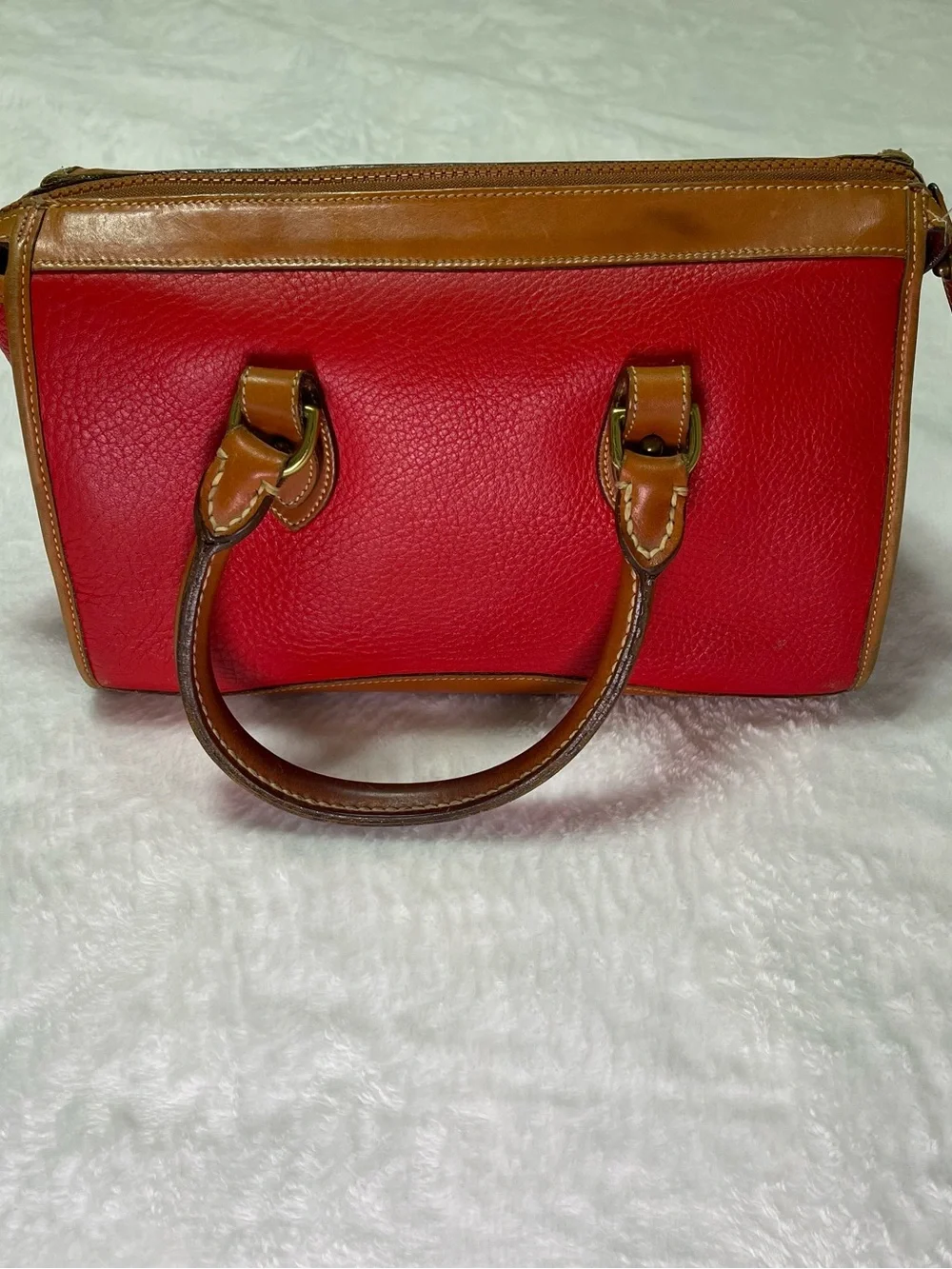 Dooney & Bourke Trio Red Leather Satchel, Wallet, Keychain Vintage Tan Trim FLAW